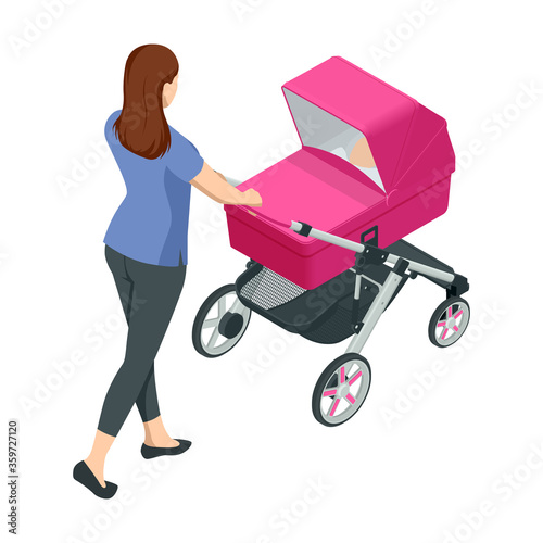 Isometric baby carriage isolated on a white background. Kids transport. Strollers for baby boys or baby girls. Woman with baby stroller walks. Theme of motherhood and fatherhood
