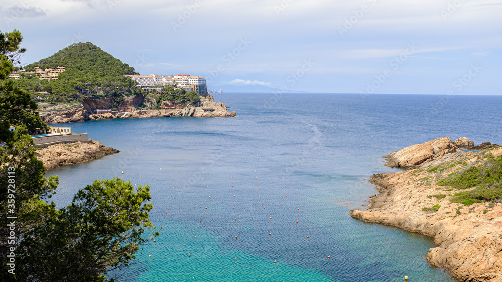 Bright blue quiet water beach landscape with green trees in a coastal landscape in Begur, Catalonia