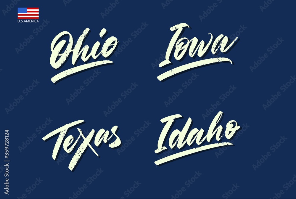 Obraz premium Set of the names of the states of America written with a brush.