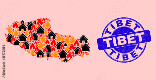Fire and realty composition Tibet map and Tibet corroded stamp imitation. Vector collage Tibet map is designed of scattered burning houses. Tibet map collage is created for fire guard templates. photo