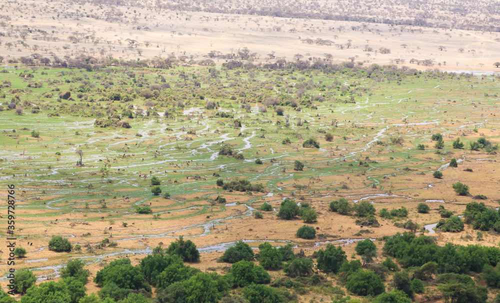 Fototapeta premium Aerial view of the Shompole conservancy area in the Great Rift Valley, near Lake Magadi, Kenya.