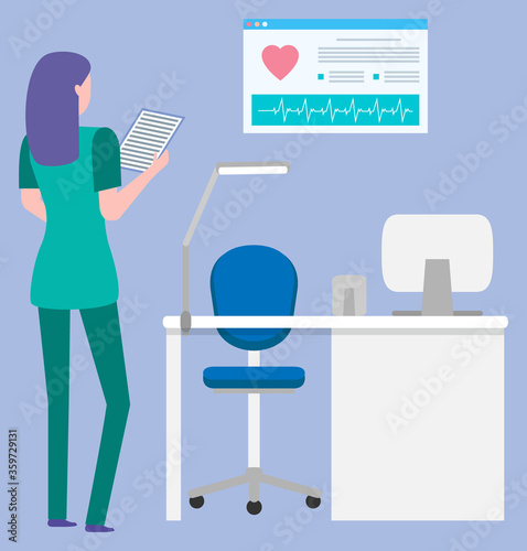 Doctor or nurse character holding medical history of patient or test results. Cardiology diagnostic, cardiogram research, board with pulse, hospital vector
