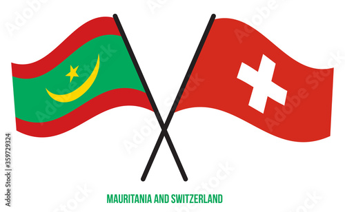 Mauritania and Switzerland Flags Crossed And Waving Flat Style. Official Proportion. Correct Colors.