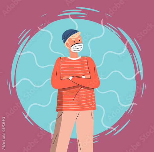 Portrait of vector cartoon character in face medical mask crossed hands at chest at colorful vector elements background. Concept of world epidemic. Young man protect from virus with respiratory mask