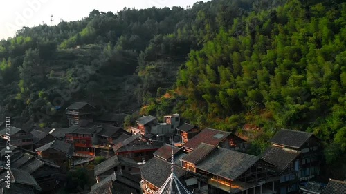 Close up rising drone shot of an important ancient temple in rural china. photo