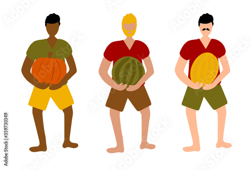 Autumn abundance of harvest. Set of multinational men are holding a pumpkin, melon and watermelon.