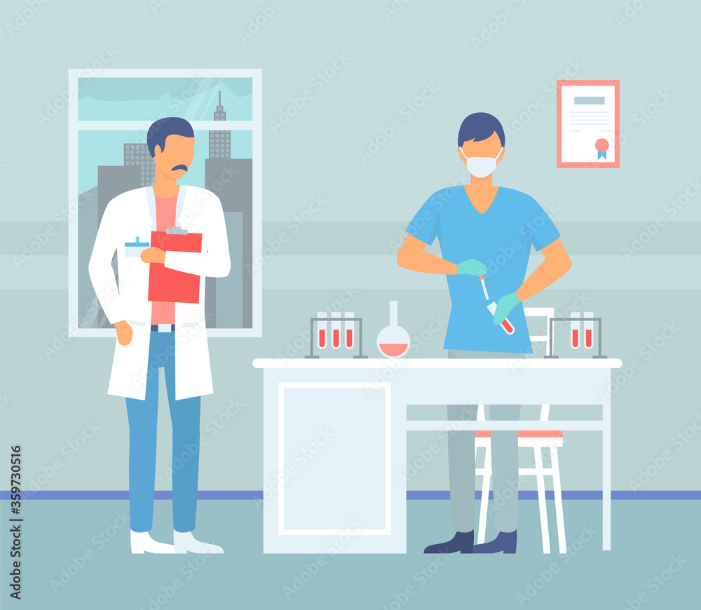 Two laboratory assistants making scientific research in modern clinic. Scientists in white medical coats working with tubes, make experiments, exploring tests. Vector illustration in flat style