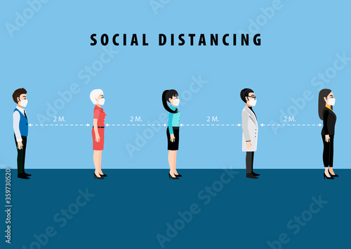 Cartoon character with social distancing, keep distance in public society people to protect from COVID-19 coronavirus outbreak spreading concept vector