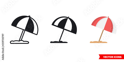 Beach umbrella icon of 3 types. Isolated vector sign symbol.