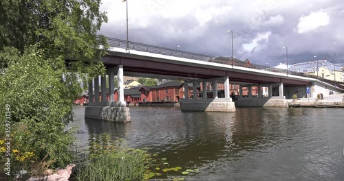 4K video of Porvoo vintage red wooden buildings, Porvoo Cathedral, yachts and boats in Porvoonjoki River near town center on sunny summer day in Finland, northern Europe photo