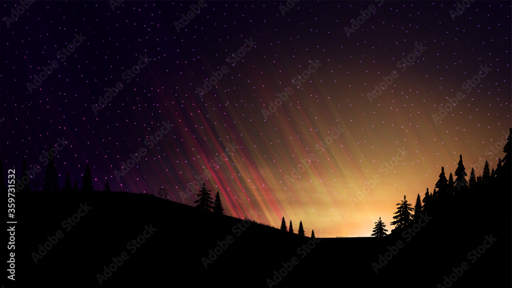 Night landscape with orange sunset, starry sky, clouds and fields with coniferous trees