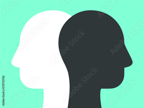 Two white and black head silhouettes on turquoise blue background. Psychology, diversity, tolerance and opposites concept. Flat design. EPS 10 vector illustration, no transparency, no gradients