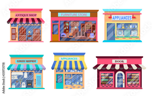 Fototapeta Naklejka Na Ścianę i Meble -  Exterior facades of a stone buildings.Facades of the shops.Home appliances, climate control equipment, furniture, Antiques, bookstore isolated on a white background.Vector illustration in flat style
