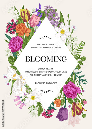 Invitation card with flowers and herbs. Rhombus. Vertical botanical illustration. Colorful. Art line style. 