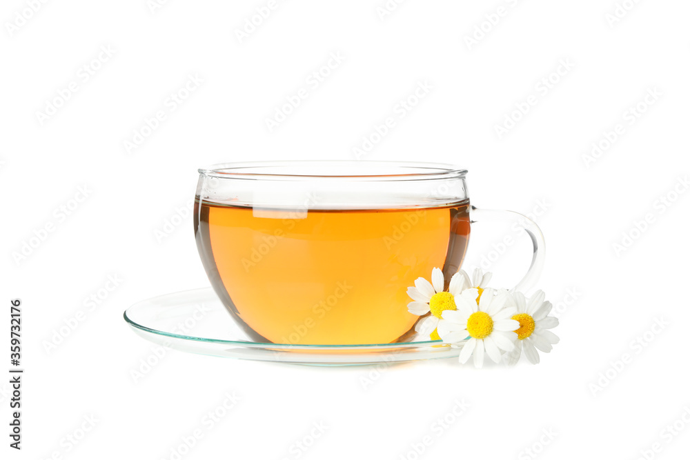 Glass cup of chamomile tea isolated on white background Glass cup of chamomile tea isolated on white background