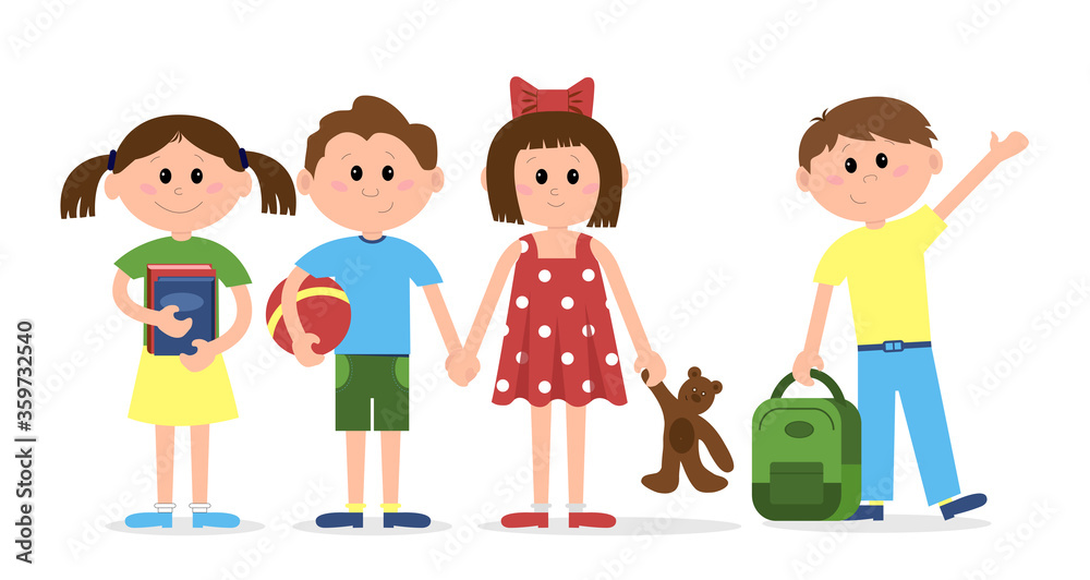 Set of happy kids. Children are holding books and briefcases. Cartoon isolated vector illustration on white background