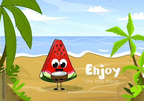 Funny watermelon fruit on the beach with a coconut cocktail. Lettering enjoy the little things