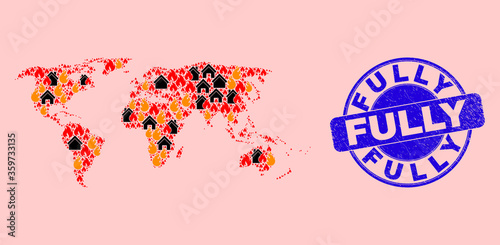 Fire disaster and homes collage world map and Fully scratched watermark. Vector collage world map is organized with randomized burning homes. World map collage is created for revolt illustrations.