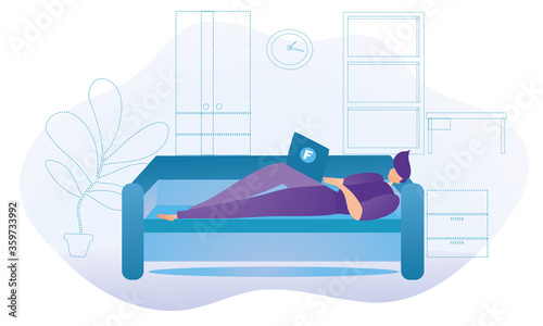 Freelancer working for home. Lying on the sofa and typing on the computer. Online home work in the living room. Flat vector design.