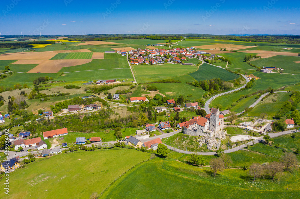  Aerial view of the castle Katzenstein close to the city Frickingen in Germany, Bavaria on a sunny spring day during the coronavirus lockdown.

