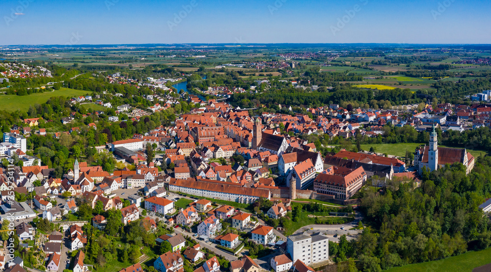 Aerial view of the city Donauworth in Bayern in Germany, Bavaria on a sunny spring day during the coronavirus lockdown.
