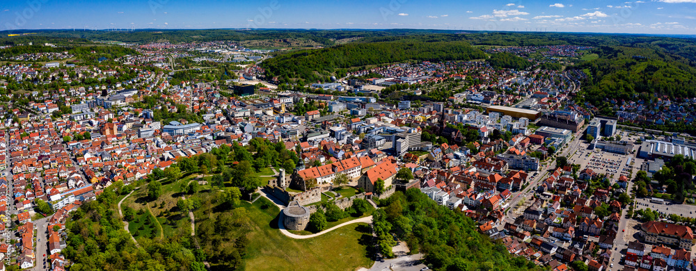 Aerial view of the city Heidenheim in Germany on a sunny spring day during the coronavirus lockdown.
