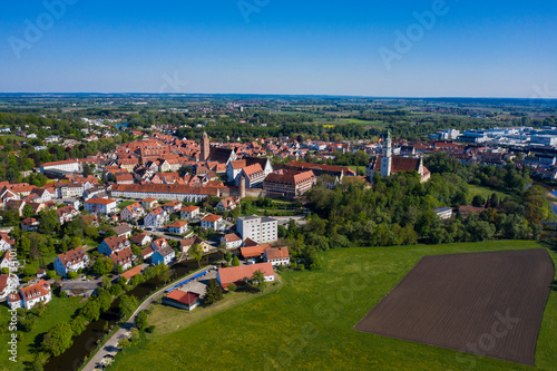Aerial view of the city Donauworth in Bayern in Germany, Bavaria on a sunny spring day during the coronavirus lockdown. 