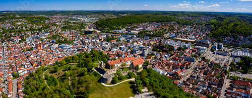 Aerial view of the city Heidenheim in Germany on a sunny spring day during the coronavirus lockdown. 