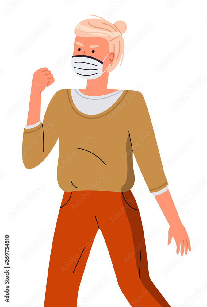 Isolated portrait of young woman wearing face medical mask show fight gesture at white background. Viral pandemic, stop spreading viral infection. Cartoon character in vector style protesting