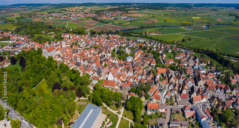 Aerial view of the city Oettingen in Bayern in Germany, Bavaria on a sunny spring day during the coronavirus lockdown.
