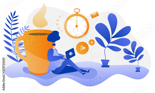 Woman Freelancer leaning to a large cup of coffee. Typing on the computer. Online work from home. Abstract design concept.
