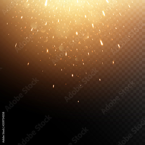 Falling fiery sparks. Glowing particles. Vector effect with transparency.