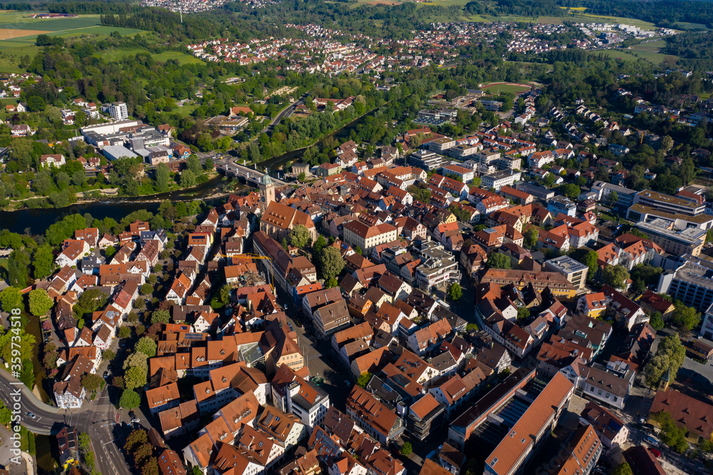 Aerial view of the old town of the city Nürtingen in Germany on a sunny spring day during the coronavirus lockdown.
