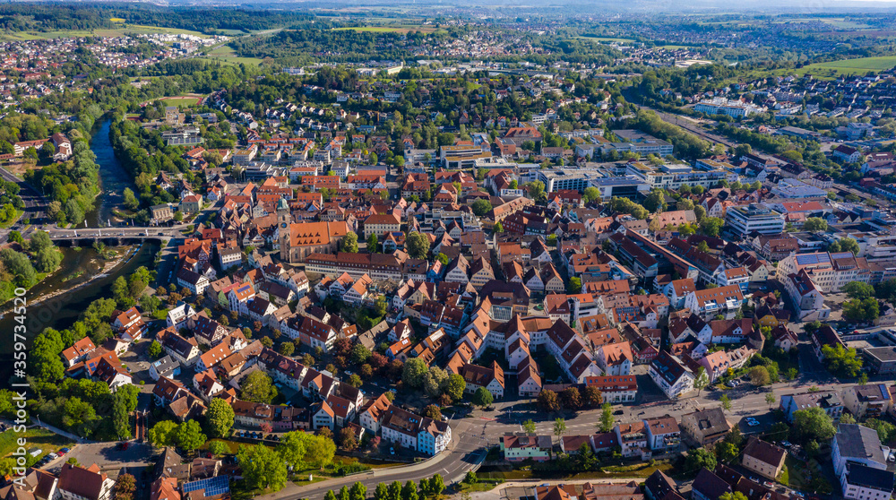 Aerial view of the old town of the city Nürtingen in Germany on a sunny spring day during the coronavirus lockdown.
