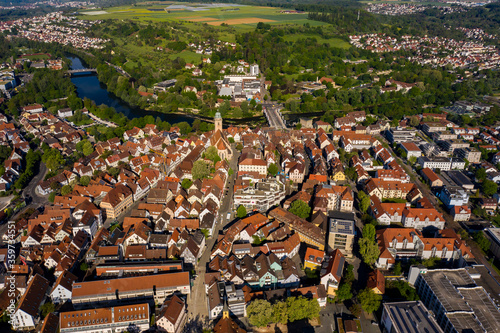 Aerial view of the old town of the city Nürtingen in Germany on a sunny spring day during the coronavirus lockdown.
 photo