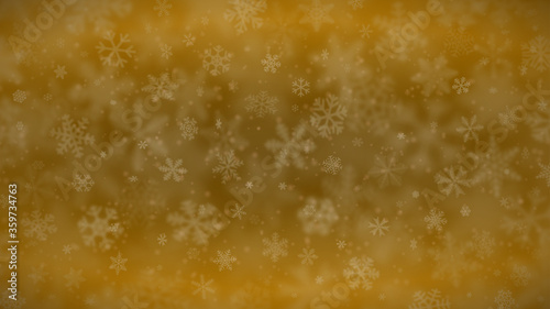 Christmas background of snowflakes of different shapes, sizes, blur and transparency in yellow colors