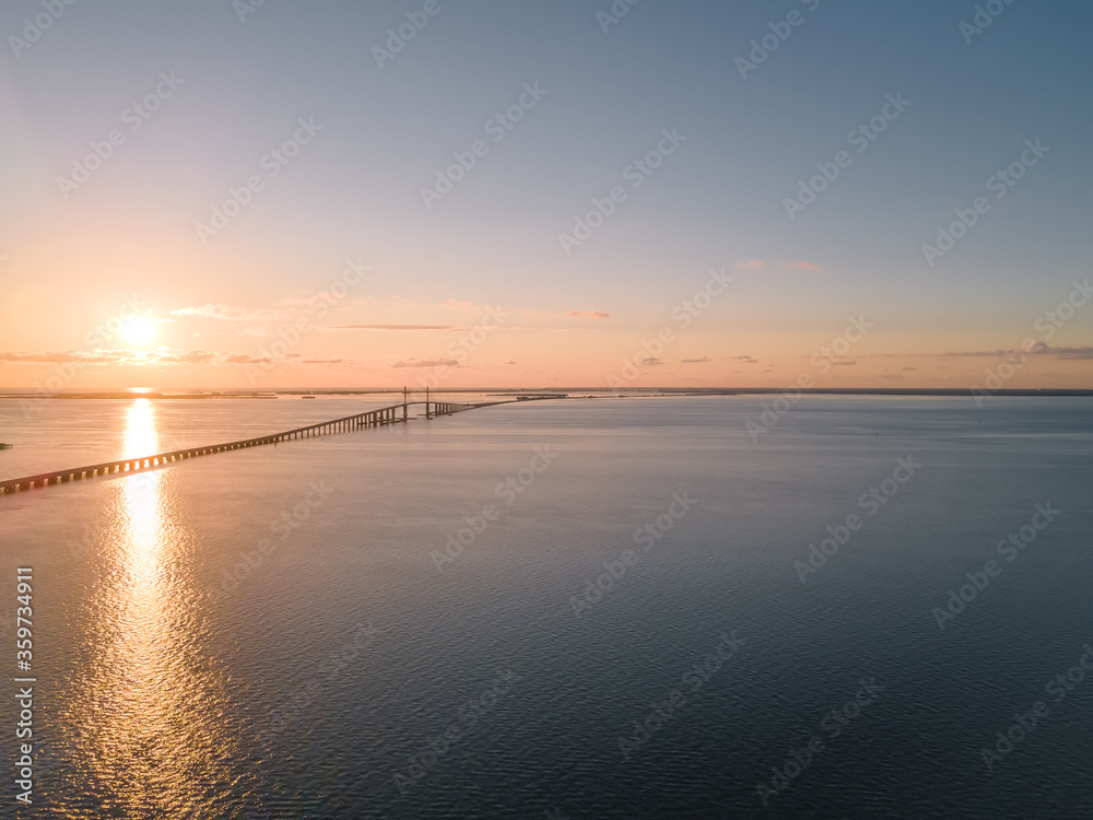 View of the sunshine skyway bridge during sunset