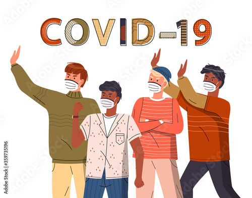 Crowd of multinational guys in face protective medical masks protesting against world epidemic. Group of characters call to stop spreading virus. Concept of covid19. Stop gesture, cartoon characters