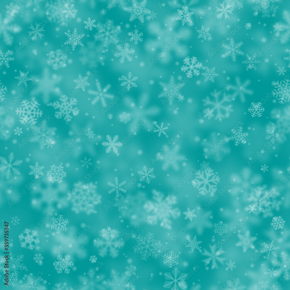 Christmas seamless pattern of snowflakes of different shapes, sizes, blur and transparency on light blue background Christmas seamless pattern of snowflakes of different shapes, sizes, blur and transparency on light blue background