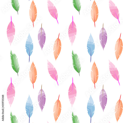 Seamless pattern of beautiful feathers in watercolor style. Isolated on white background. Vector Illustration.