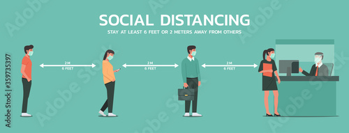 people maintain social distancing to prevent virus spreading and transmission in office and bank, man and woman keep distance from other, new normal concept, vector flat illustration
