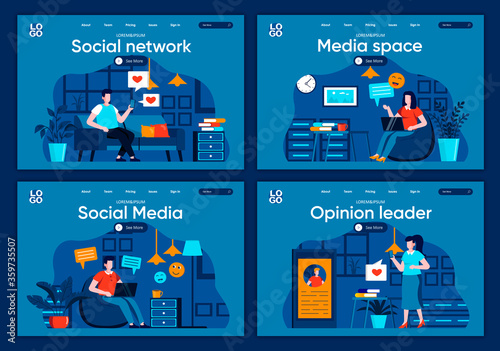 Social media flat landing pages set. Online communication and messaging with digital devices scenes for website or CMS web page. Social network, media space and opinion leader vector illustration