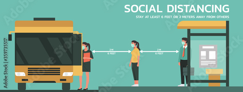 people wait on queue at bus stop and maintain social distancing to prevent virus spreading and transmission, man and woman keep distance from others, new normal concept, vector flat illustration
