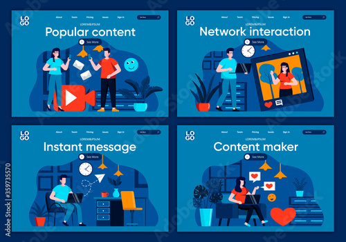 Instant messaging flat landing pages set. People sharing content, online streaming and blogging scenes for website or CMS web page. Popular content making and network interaction vector illustration
