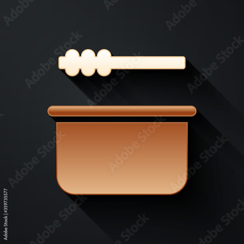 Gold Sauna bucket and ladle icon isolated on black background. Long shadow style. Vector Illustration