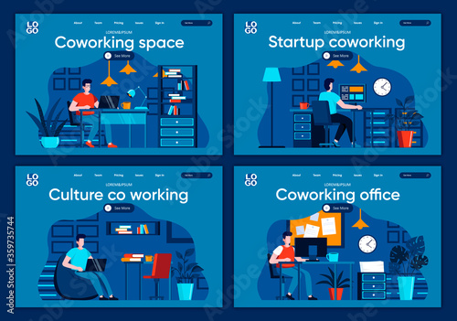 Coworking space flat landing pages set. Designers and developers working at open workspace scenes for website or CMS web page. Startup coworking, culture of co working in office vector illustration