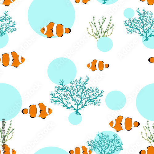 Seamless pattern with clown fishes, seaweeds and corals. Vector hand drawn illustration of underwater sea life with tropical exotic aquacultures. Print and textile design.