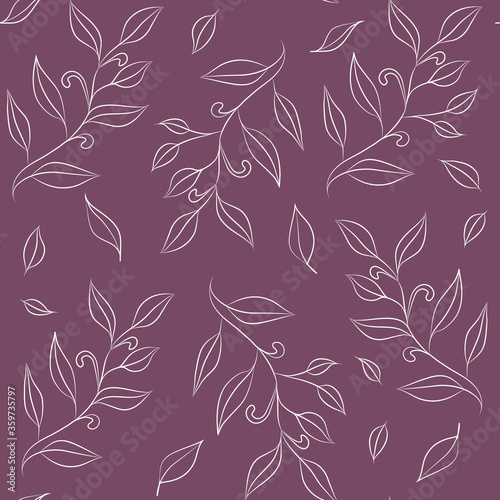 Seamless elegant pattern of white outline leaves and branches with leaves. Design for fabric, packages, wallpaper, paper, packaging, textile