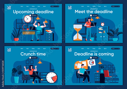 Deadline is coming flat landing pages set. Employee in panic, hurrying up with work project scenes for website or CMS web page. Meet the deadline, crunch time, upcoming deadline vector illustration