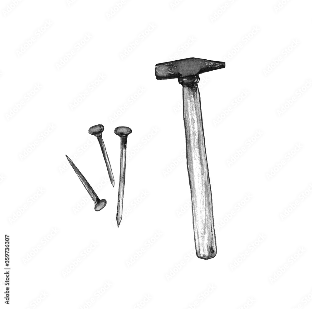 watercolor illustration of a black and white image of the repair tools.hammer and nails. isolated on a white background. watercolor illustration of a black and white image of the repair tools.hammer and nails. isolated on a white background.